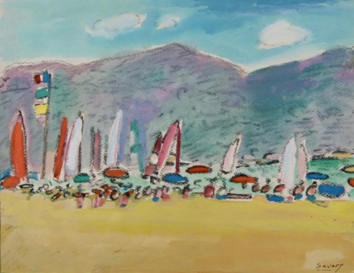 Robert SAVARY - Dessin original - Pastel - Voiliers sur la côte d'Azur