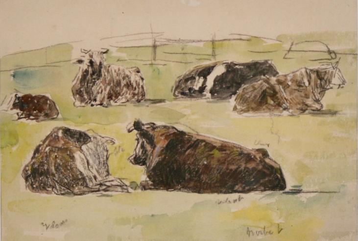 Eugene BOUDIN - Peinture originale - Aquarelle - Six vaches au pâturage
