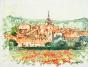 Michel DE ALVIS - Peinture Originale - Huile - Village vue du champ de coquelicots