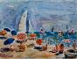 Edouard RIGHETTI - Peinture originale - Aquarelle - Parasols Bleus à Carnon Plage