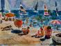 Edouard RIGHETTI - Peinture originale - Aquarelle - Parasols Bleus à Carnon Plage