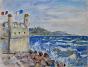 Edouard RIGHETTI - Peinture originale - Gouache - Le vent d'Est à Menton