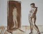 Robert SAVARY - Peinture originale - Lavis - Femme nue devant son miroir 2