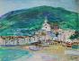 Robert SAVARY - Peinture originale  - Gouache - La plage à l'église blanche